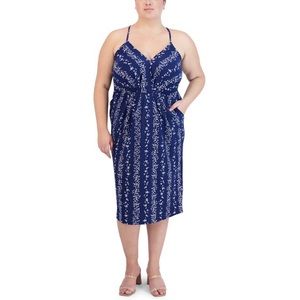 BCBG Paris Blue White Micro Floral Boho Dress, XL